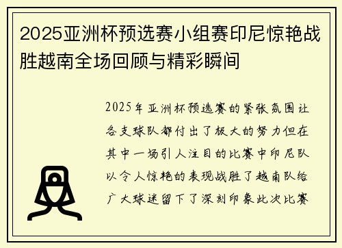 2025亚洲杯预选赛小组赛印尼惊艳战胜越南全场回顾与精彩瞬间 2025亚洲杯预选赛小组赛印尼惊艳战胜越南全场回顾与精彩瞬间